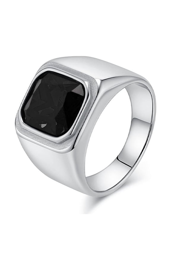 Men's Stainless Steel Gold/Silver/Black Plated Ring with Cushion Cut Gemstone Simple Ring Size 7-13