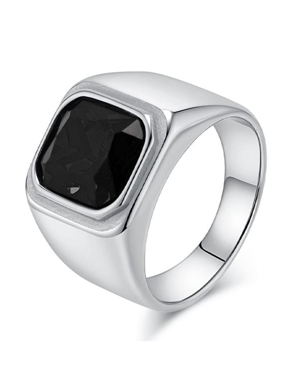 Men's Stainless Steel Black Ring with Cushion Cut Gemstone Simple Ring Size 7-13