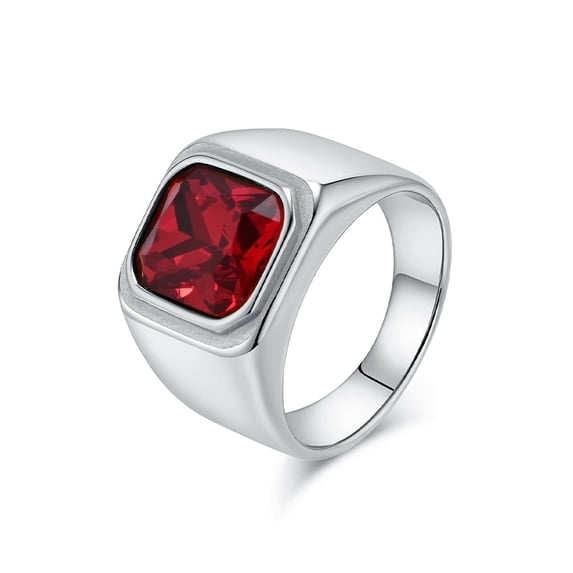 Men's Stainless Steel Silver Plated Ring with Cushion Cut Gemstone Simple Ring Size 7-13