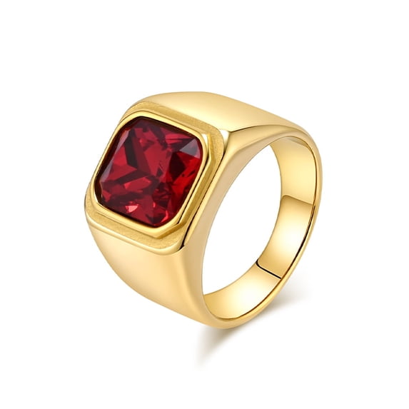 Men's Stainless Steel Gold Plated Ring with Cushion Cut Gemstone Simple Ring Size 7-13