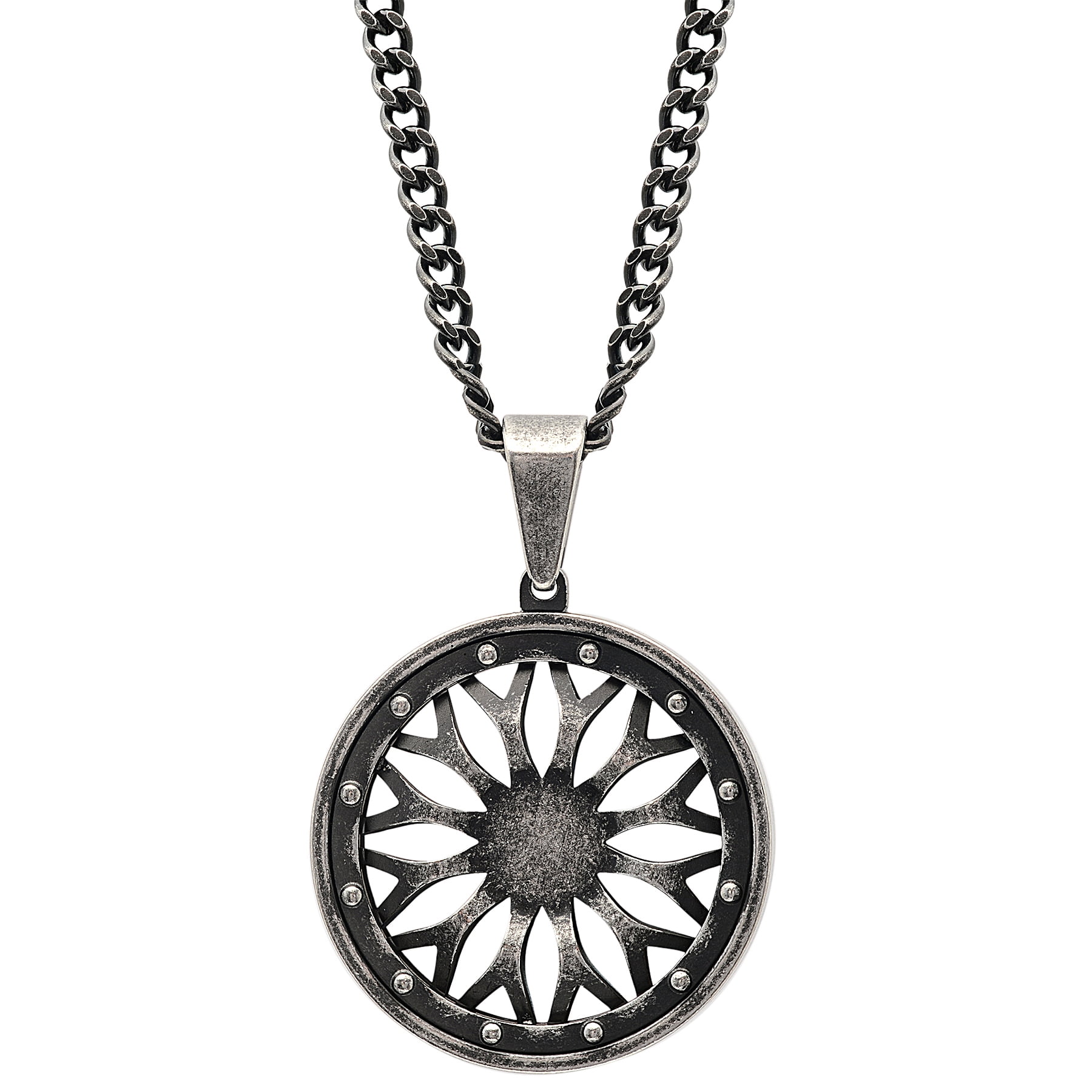 Men's Stainless Steel Gunmetal Grey Wheel Pendant Necklace Chain