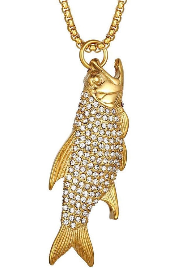Men's Stainless Steel Hip Hop Iced Out Crystal Inlay Koi Carp Fish Biker Necklace a Fish Leaping Over the Dragon Gate Amulet
