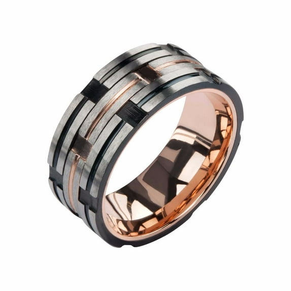 Men's Stainless Steel IP Rose Gold and Black Track Matte and Polished Ring