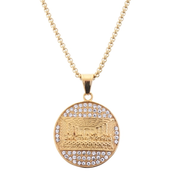 Men's Stainless Steel Iced CZ Last Supper Medallion Pendant, 24" Box Chain Necklace SCP 5019 G