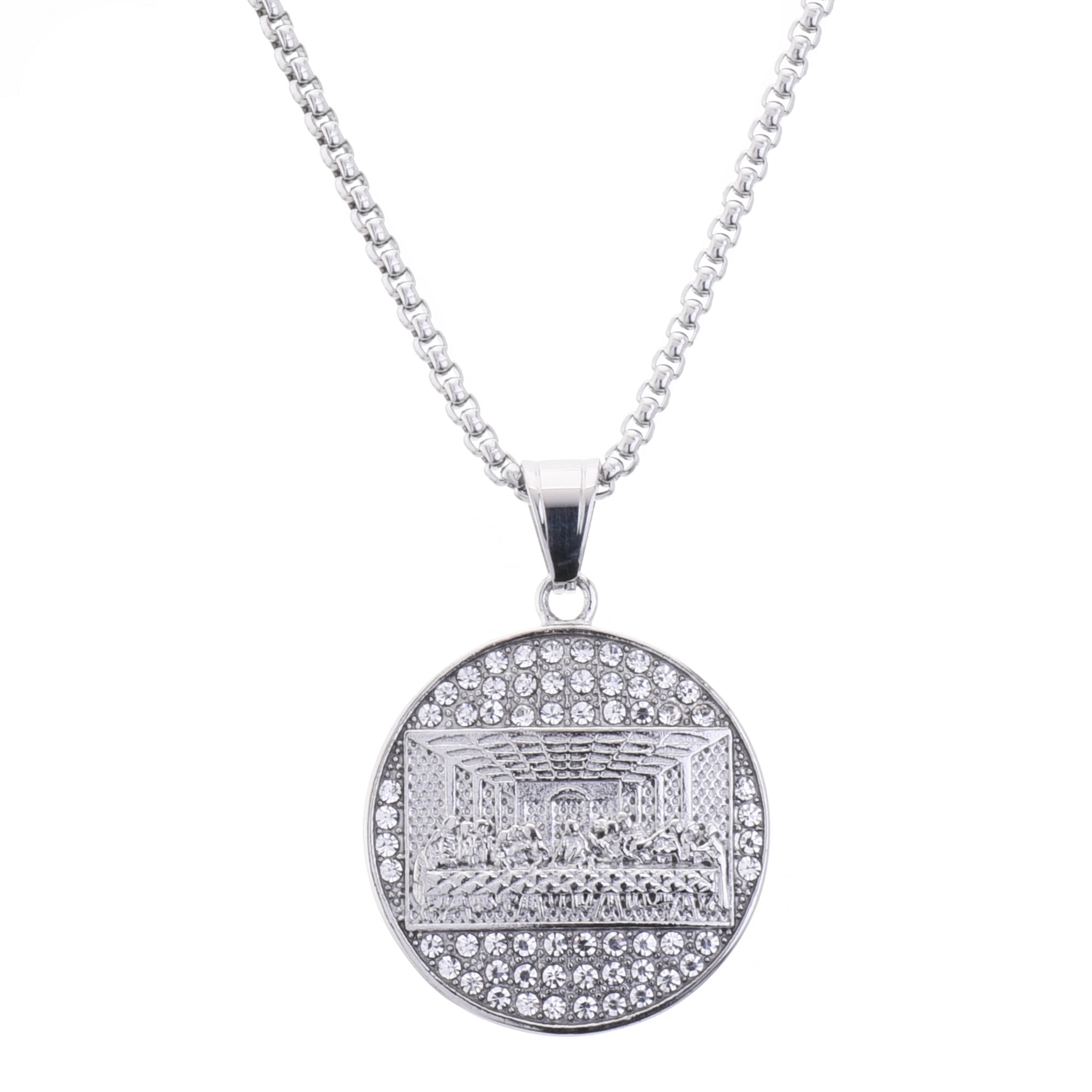 Men's Stainless Steel Iced CZ Last Supper Medallion Pendant, 24