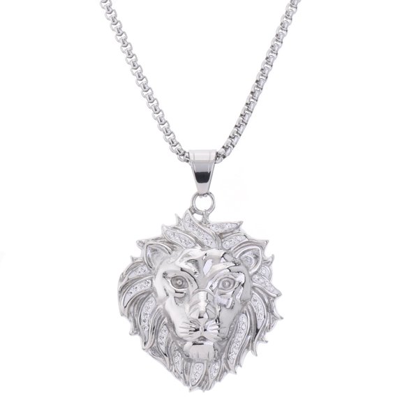 Men's Stainless Steel Iced CZ Lion Head Pendant, 24 inch Box Chain Necklace SCP 5006 S