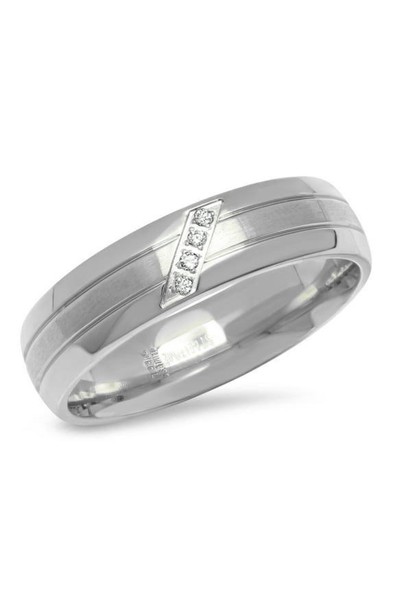 Men's Stainless Steel Lined Band Ring With Simulated Diamonds