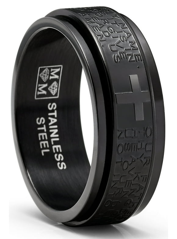 Men's Stainless Steel Lord's Prayer Spinner Fidget Ring Anxiety Band Black 8MM