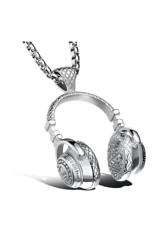Men's Stainless Steel Music Headset DJ Headphone Pendant Pink Necklace + Chain