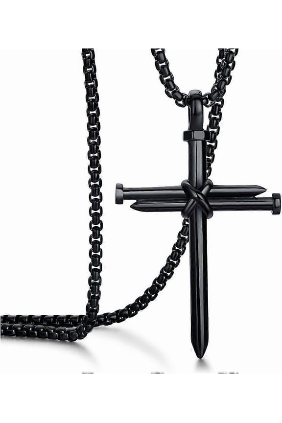 Men's Stainless Steel Nail Cross Pendant Necklace With 24 Inch Chain Polished Black Gold Silver