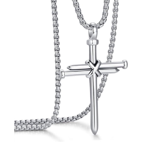 Men's Stainless Steel Nail Cross Pendant Necklace with 23 Inch Chain Polished Black Gold Silver