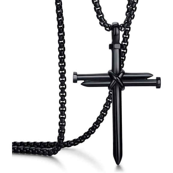 Men's Stainless Steel Nail Cross Pendant Necklace with 24 Inch Chain Polished Black Gold Silver