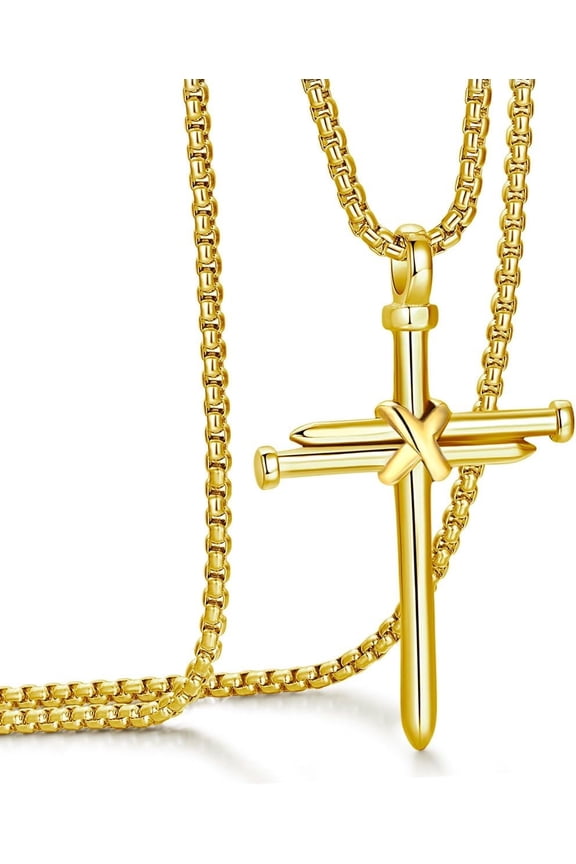 Men's Stainless Steel Nail Cross Pendant Necklace with 24 Inch Chain Polished Black Gold Silver
