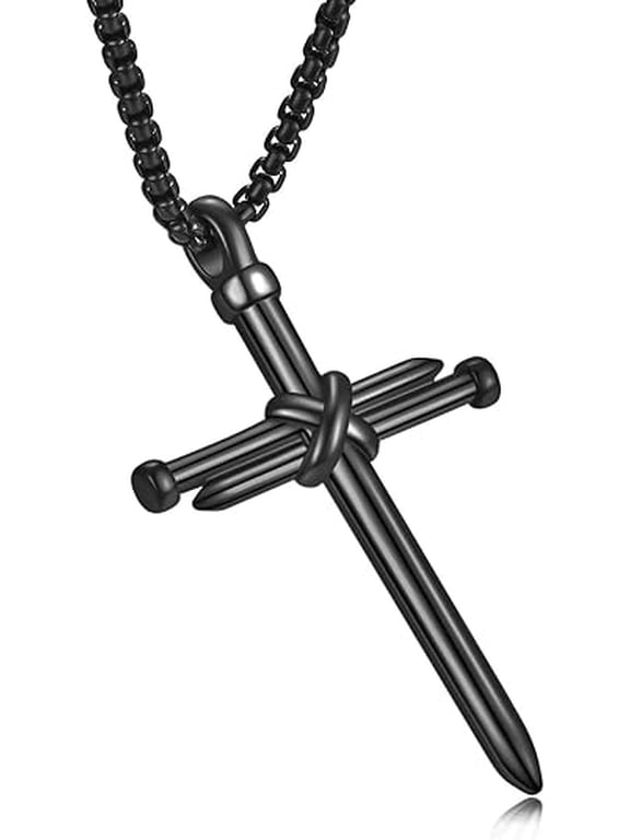 Men's Stainless Steel Nail Cross Pendant Necklace with 24 INCH Chain Polished Black