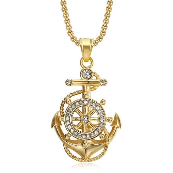 Men's Stainless Steel Nautical Anchor Necklace, Vintage Navy Mooring Rope Anchor Pendant with 24-inch Chain