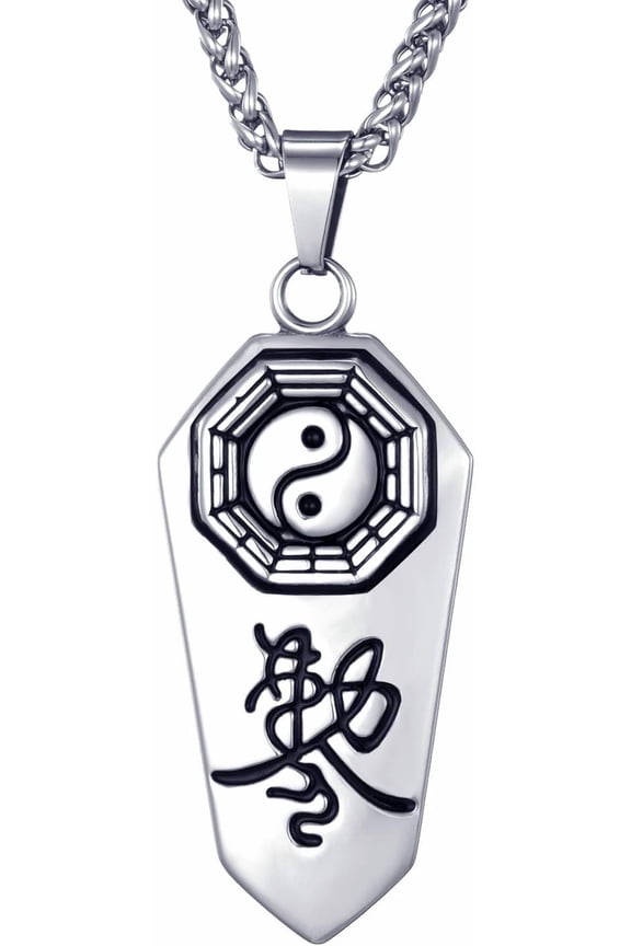 Men's Stainless Steel Necklace Taoist Yin Yang Taichi Symbol Amulet Pendant with 24 Inches Link Chain