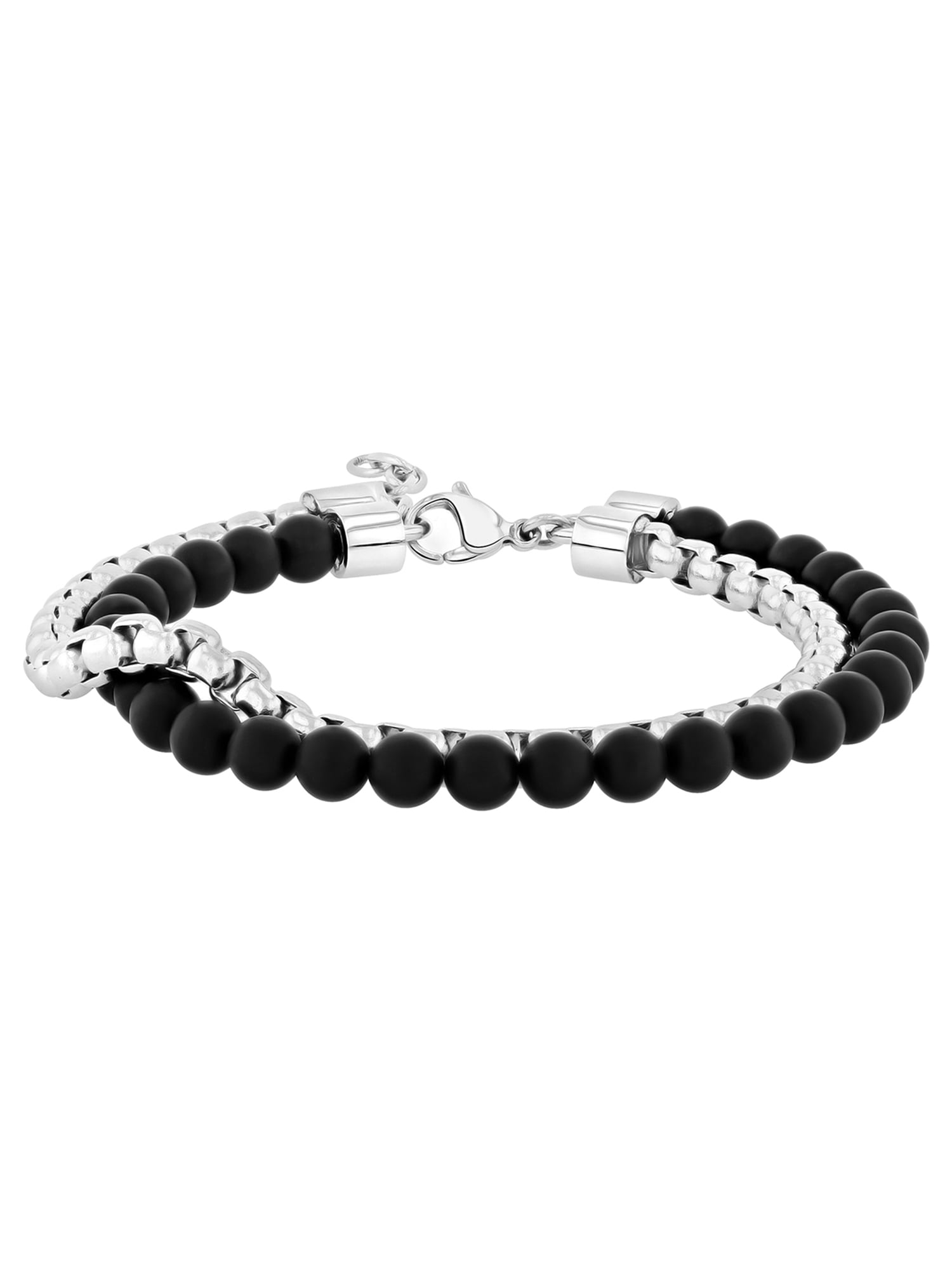 Men's Stainless Steel Onyx Bead Double Strand Stacked Two Tone