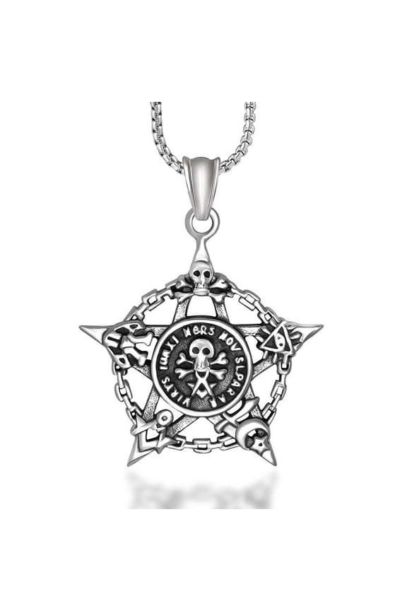 Men's Stainless Steel Pentagram Necklace Pentacle Star with Skull Masonic Evil Eye Pattern Pendant Necklace, Keel Link Chain