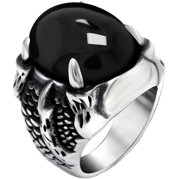 Men's Stainless Steel Personality Hip Hop Skull Skeleton 6 Claw Gothic Oval Gemstone Inlay Dragon Pattern Carved Biker Ring