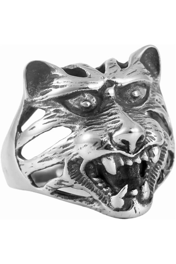 Men's Stainless Steel Personality Vintage Hip Hop Cut Out Devil Scary Roaring Wolf Head Skull Biker Ring