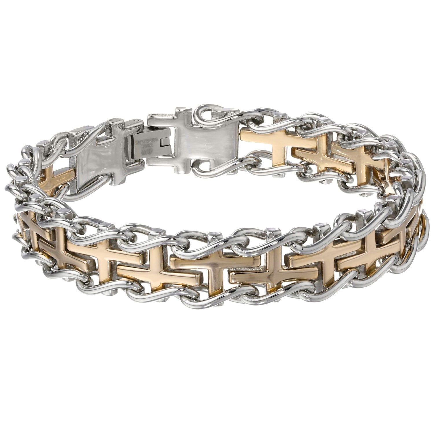 Men's Stainless Steel Railroad Bracelet with Gold Ip