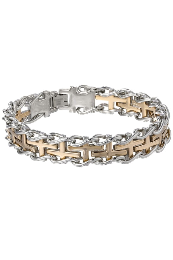Men's Stainless Steel Railroad Bracelet with Gold Ip