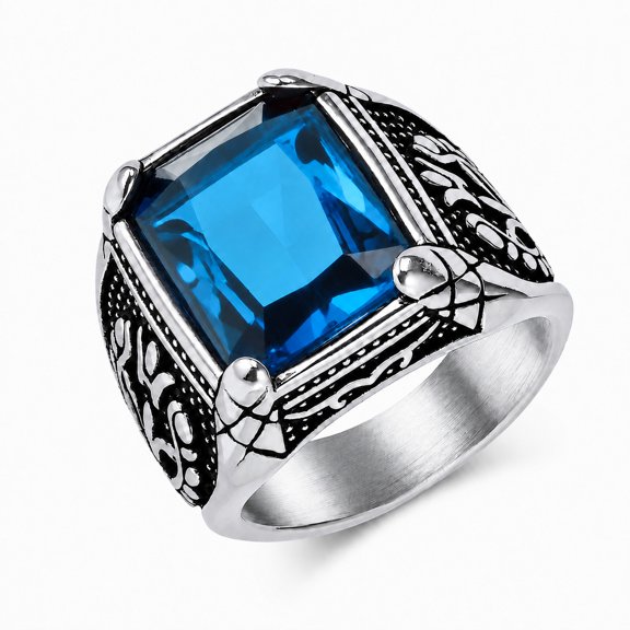 Men's Stainless Steel Rectangular Signet Ring, Faceted Color Accent Geometric Band for Men, Sizes 7-12