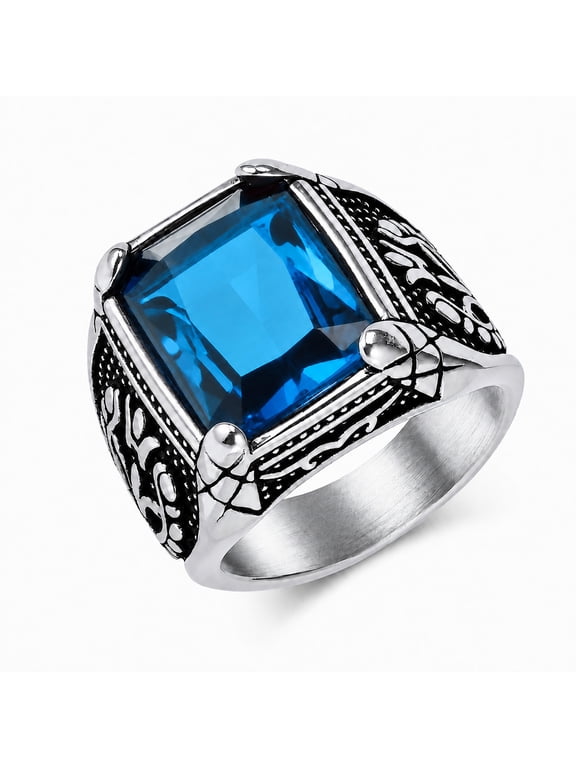 Men's Stainless Steel Rectangular Signet Ring, Faceted Color Accent Geometric Band for Men, Sizes 7-12