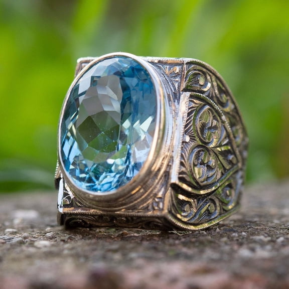 Men's Stainless Steel Retro Cubic Zirconia Square Cut Stone Seal Hand Carved Ring Blue Topaz gem Men's Silver Ring