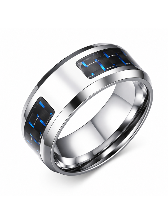 Men's Stainless Steel Ring, Blue Carbon Fiber Inlay 8mm Silver Band