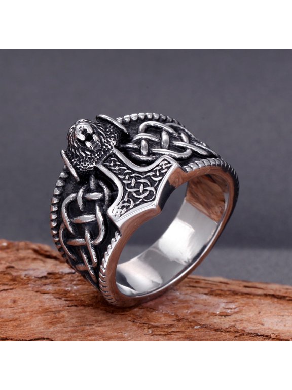 Men's Stainless Steel Ring Geometric Thor's Hammer Design Polished Titanium Steel Band European and American Jewelry Individually Packed Ring Gift for Men