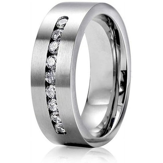 Men's Stainless Steel Ring Wedding Band with 9 Channel Set Cubic Zirconia Eternity Ring Size 6-11