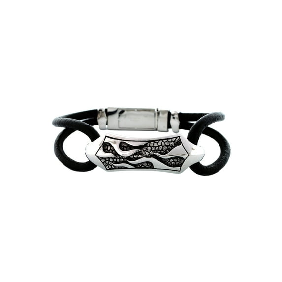 Men's Stainless Steel Scrolled Design Leather Bracelet, 8"