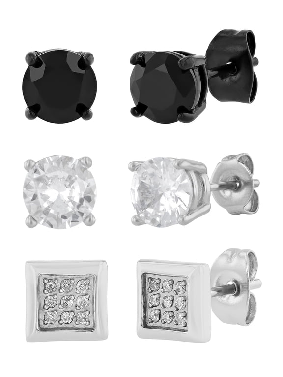 Men's Stainless Steel Set of 3 Black and White Finish Stud Earrings - Believe by Brilliance