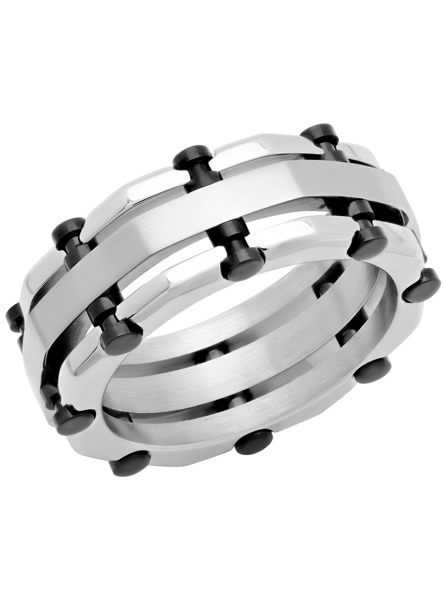 Men’s Stainless Steel Silver-Tone & Black Rivet Accent Layered Band