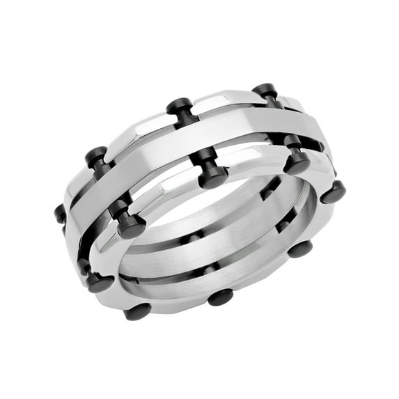 Men’s Stainless Steel Silver-Tone & Black Rivet Accent Layered Band