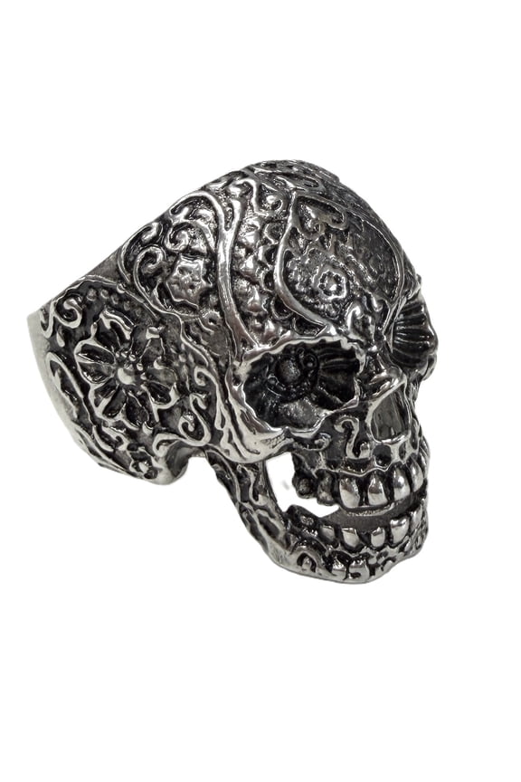 Men's Stainless Steel Silver Tone Sugar Skull Statement Ring Size 12 Punk Biker SSR374S12