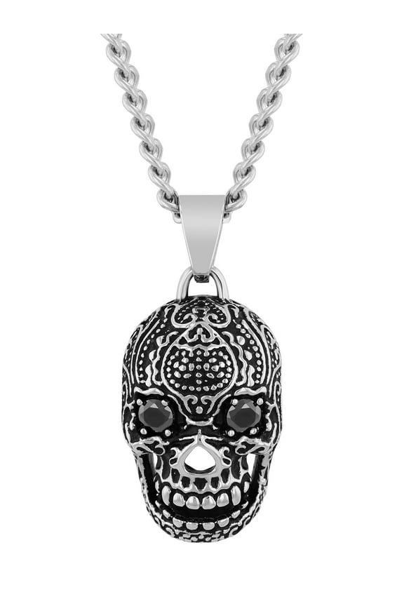 Men's Stainless Steel Skull Pendant with Black Crystals - Believe by Brilliance