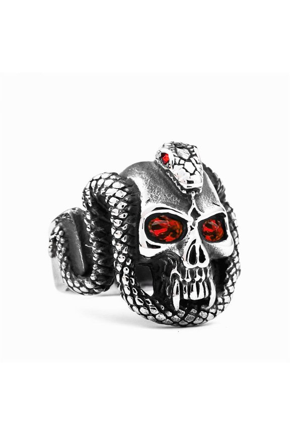 Men's Stainless Steel Skull Ring Demon Eyes Vampire Snake Design Diamond Accent Gothic Biker Statement Jewelry