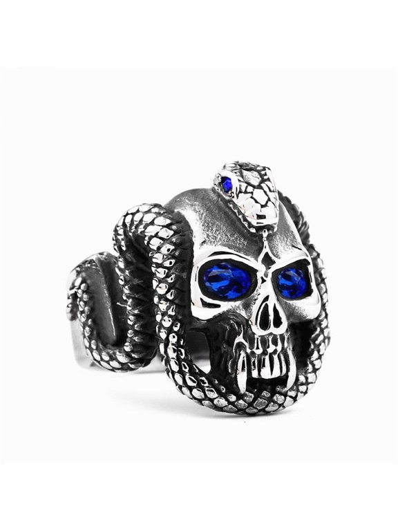 Men's Stainless Steel Skull Ring Demon Eyes Vampire Snake Design Diamond Accent Gothic Biker Statement Jewelry