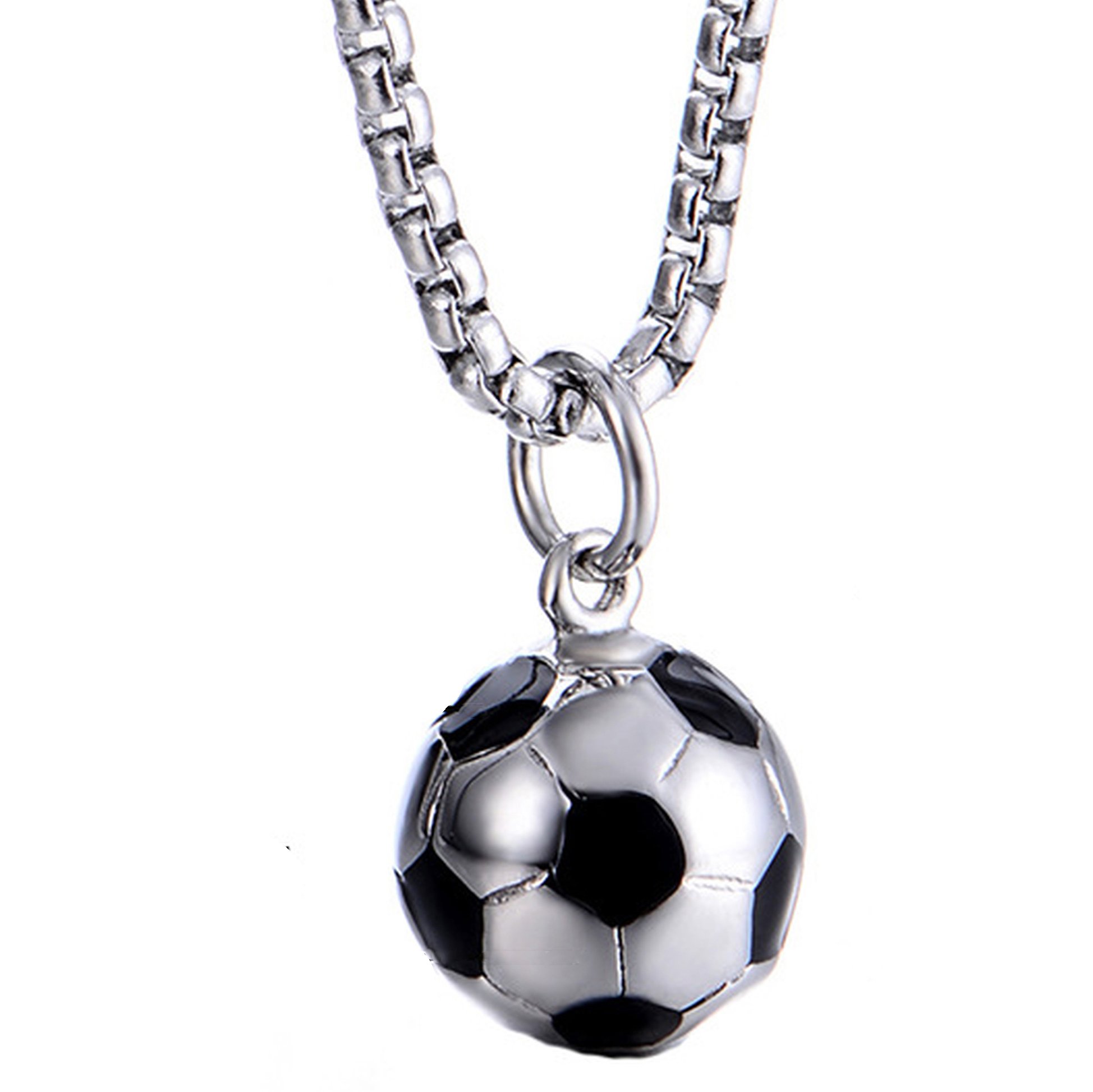 Men's Stainless Steel Soccer Ball Pendant Necklace, Silver Color