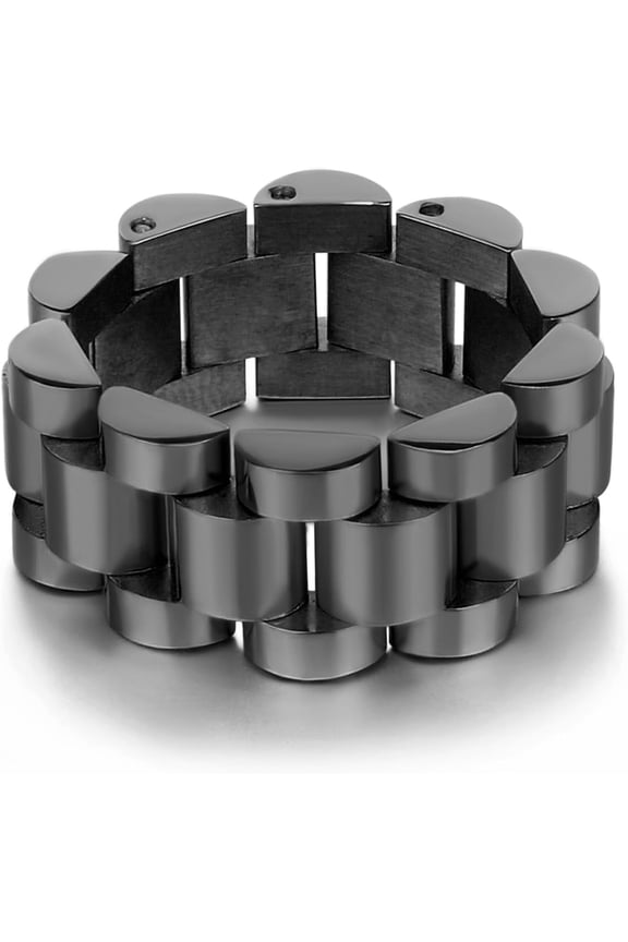 -Men's Stainless Steel Solid Link Chain Statement Ring, Foldable Hip Hop Watch Band Design, 8mm Width, Sizes 7-13-black-7