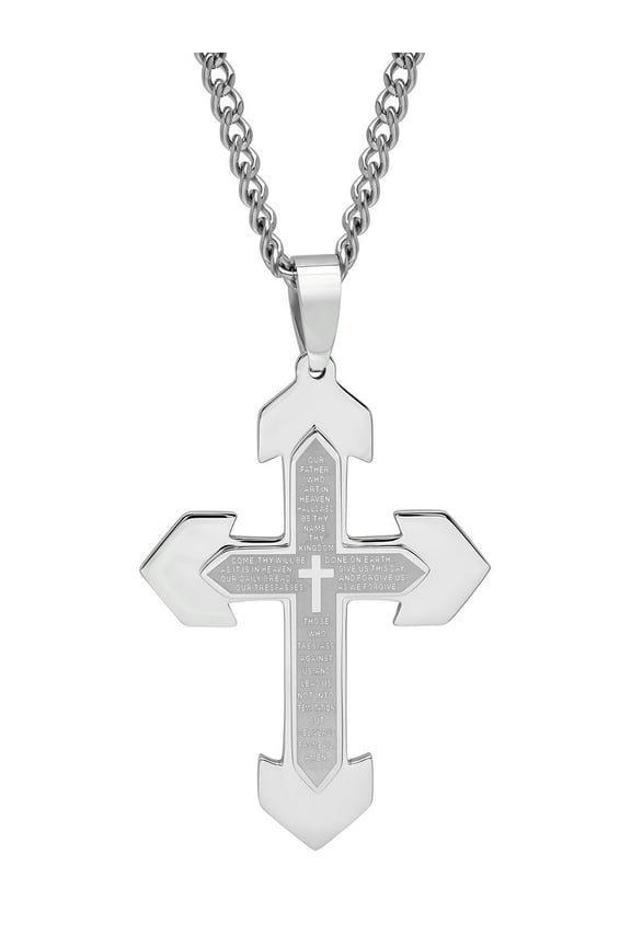 Men's Stainless Steel Stacked Lord's Prayer Cross Pendant Necklace Chain