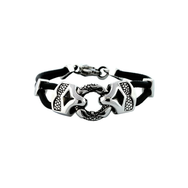 Men's Stainless Steel Tribal Design Double Leather Bracelet, 8"