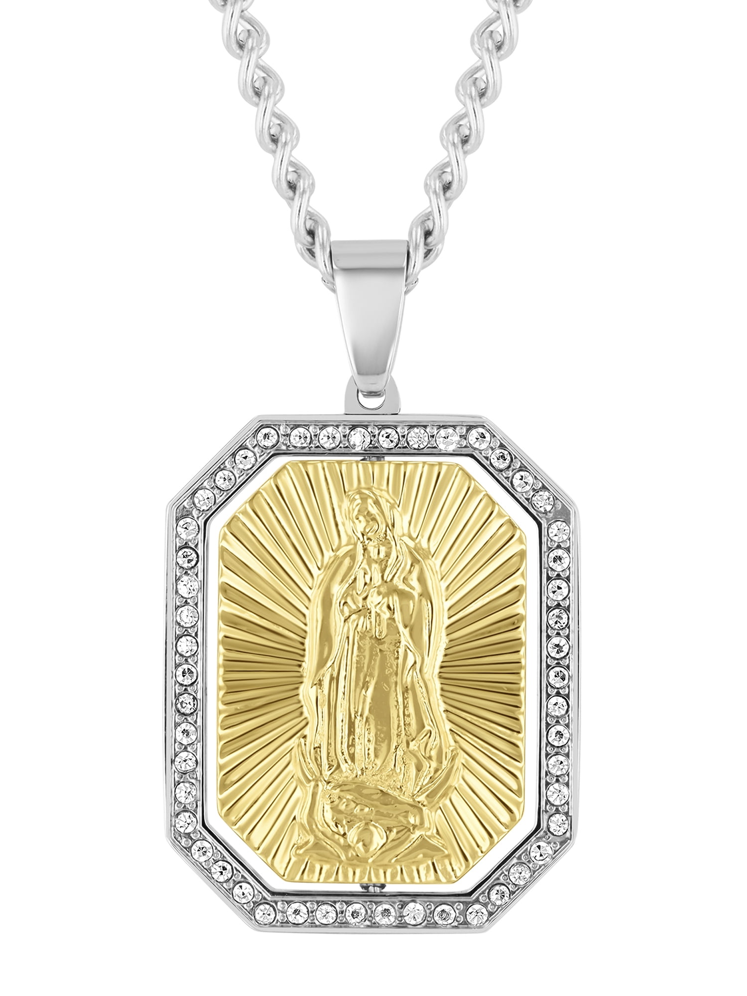 Men's Stainless Steel Two-Tone Rotating Crystal Pendant with Cross & Our Lady of Guadalupe - Believe by Brilliance
