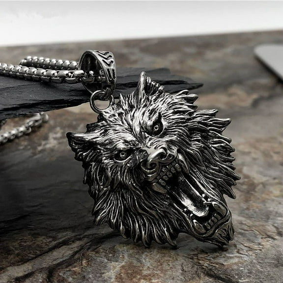 Men's Stainless Steel Viking Wolf Necklace - Vintage Gothic Tribal Pendant - Punk Style Domineering Fierce Amulet Wolf Head Jewelry