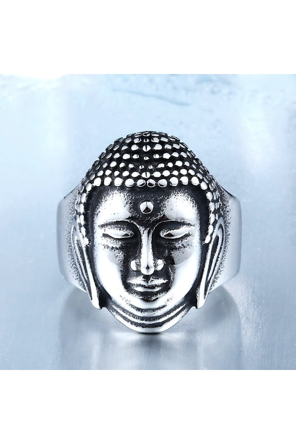 Men's Stainless Steel Vintage Chinese Style Buddha Head Engraved Ring