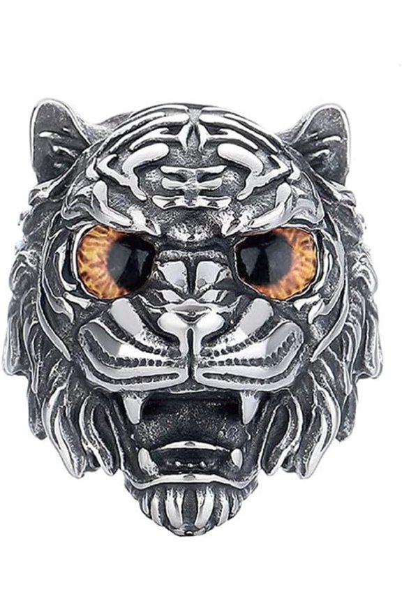Men's Stainless Steel Vintage Domineering Cool Punk Gothic Roaring Tiger Head with Devil Bloody Eye Gemstone Biker Ring