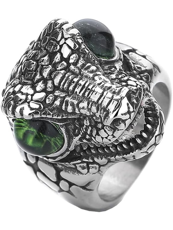 Men's Stainless Steel Vintage Domineering Cool Punk Roaring Crocodile Head with Devil Bloody Eye Gemstone Biker Ring Skull Alligator