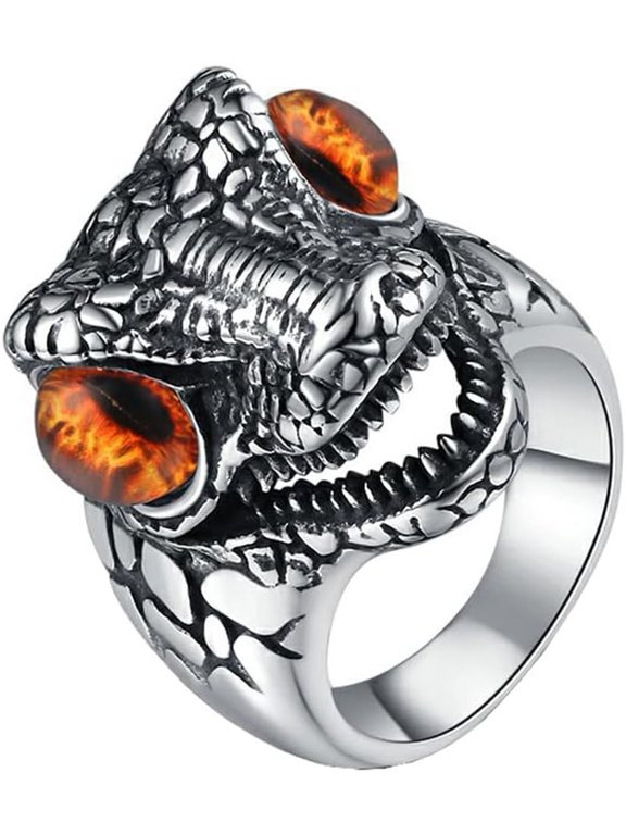 Men's Stainless Steel Vintage Domineering Cool Punk Roaring Crocodile Head with Devil Bloody Eye Gemstone Biker Ring Skull Alligator